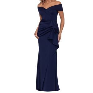 Xscape 4793XW Ruffle Patti Off the Shoulder Scuba Knit Gown dress blue size 6P